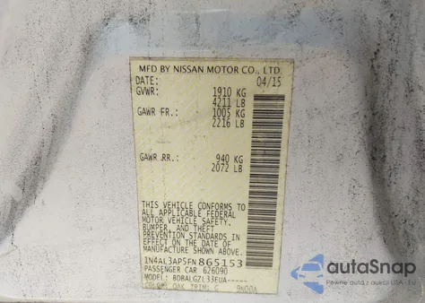 2015 Nissan Altima 2.5/2.5 S/2.5 Sl/2.5 Sv z USA, uszkodzony, nr VIN 1N4AL3AP5FN865153